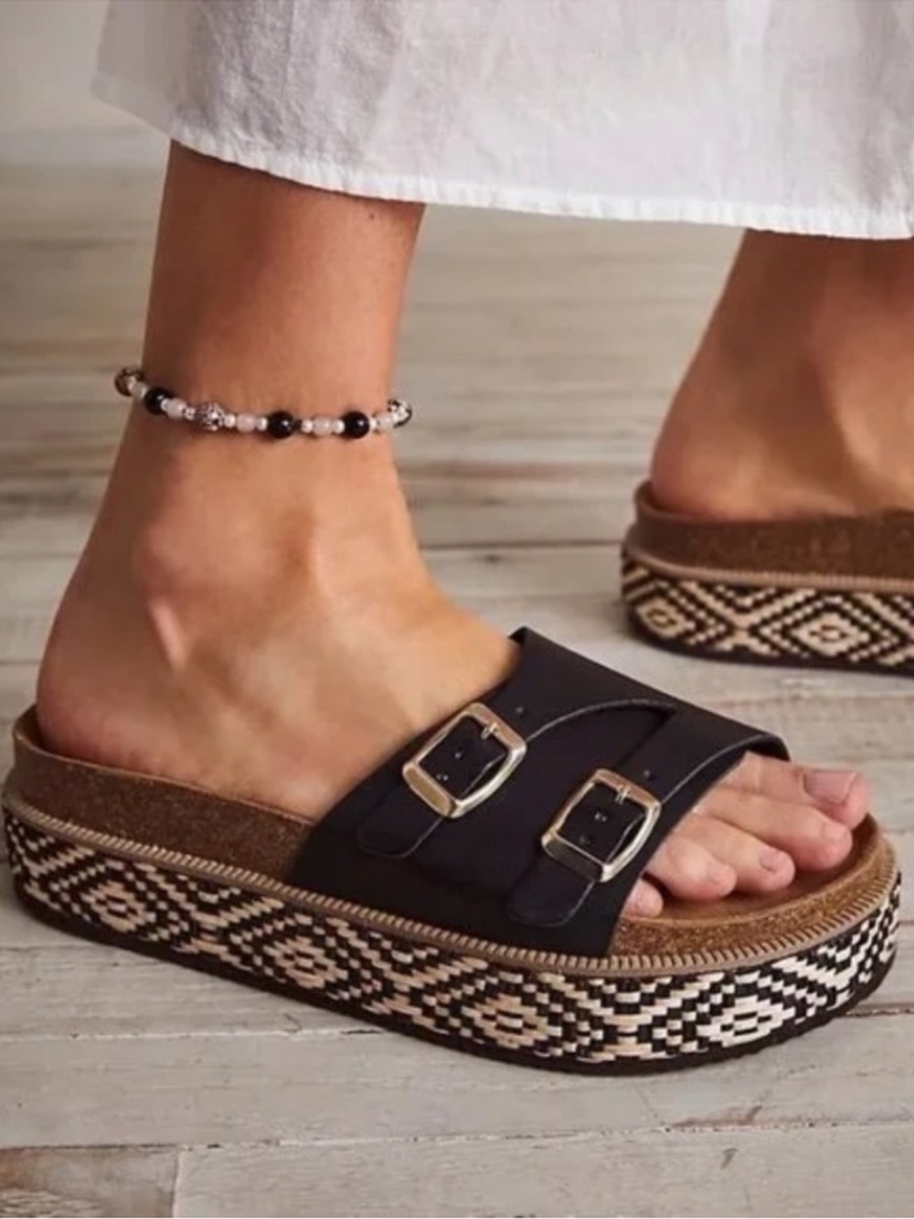 Free People | Women’s Black Leather Caravelle Cork Footbed Platform Slides 8.5